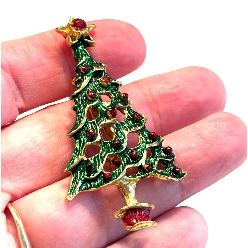 Vintage Christmas tree brooch goldtone green enamel red rhinestones holiday pin